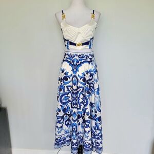 2 Pcs White & Blue Sleeveless Gold Detail Crop Top & A-Line Skirt Sets Sz Medium